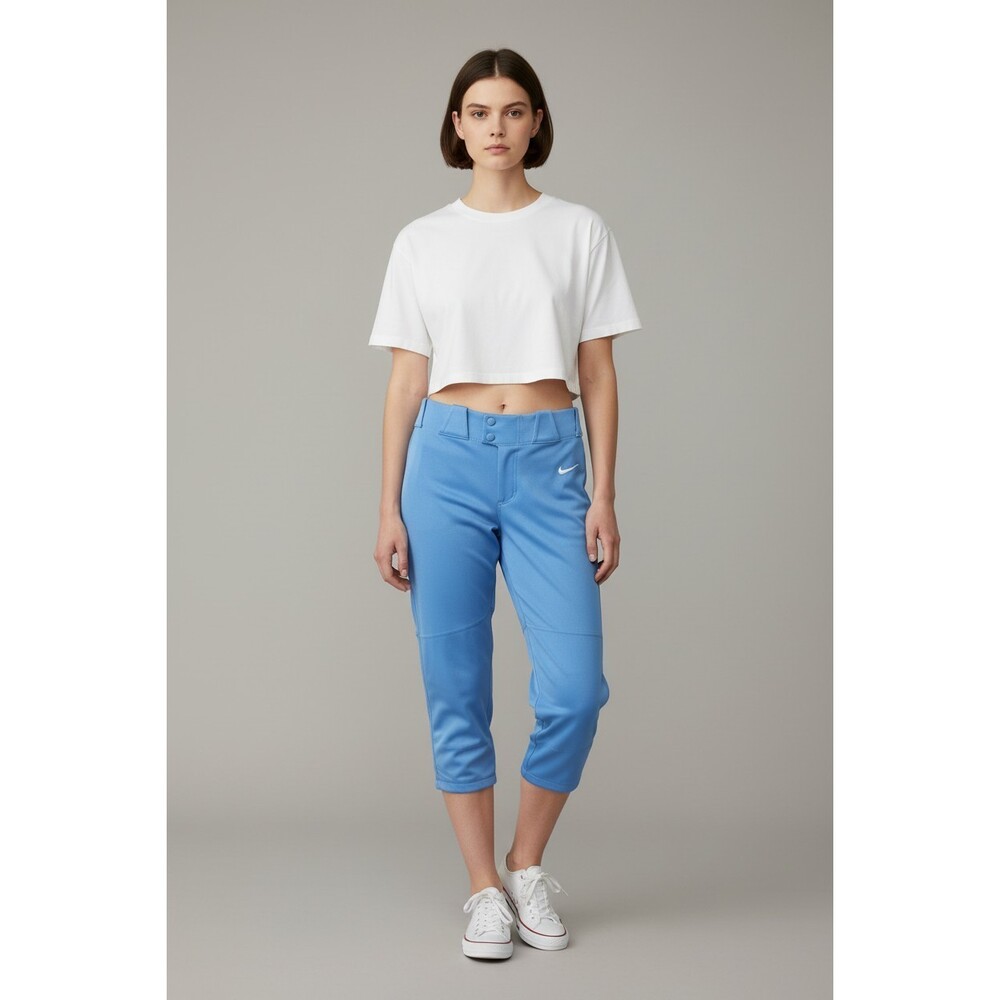 Nike Team Softball Pants Women Large Baby Blue 3/4 Cropped Capri 100% Polyester